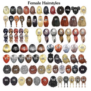 May include: A chart with 80 different female hairstyles illustrated in watercolor. Each hairstyle is numbered from 1 to 80.