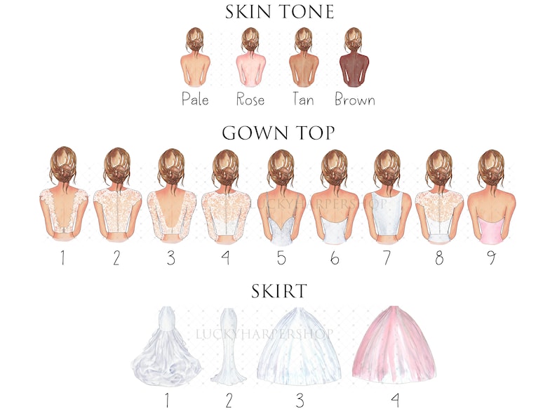 May include: A chart with illustrations of different skin tones, gown tops, and skirts for a wedding. The skin tones are labeled "Pale", "Rose", "Tan", and "Brown". The gown tops are numbered 1 through 9. The skirts are numbered 1 through 4.
