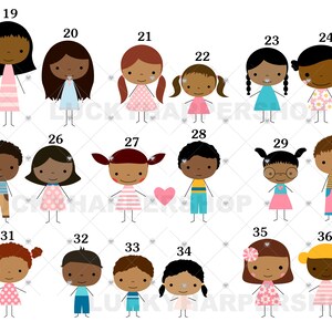 May include: A set of 36 stick figure illustrations of people with different hairstyles, clothing, and accessories. The figures are numbered 19 through 36.