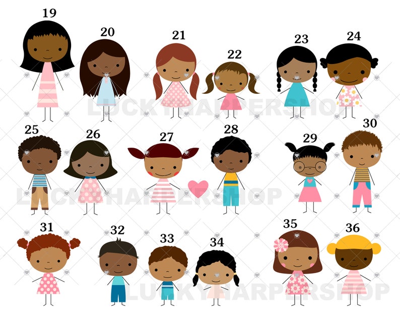 May include: A set of 36 stick figure illustrations of people with different hairstyles, clothing, and accessories. The figures are numbered 19 through 36.