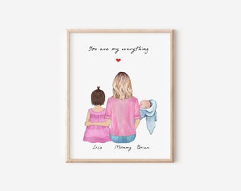 Personalized Mom and Children Portrait Print, Mom Baby, Toddler Wall Art Print, Mothers Day Gift, Gift For Mom, New Mom Gift