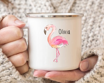Personalized Flamingo Enamel Mug, Kids Flamingo Mug, Flamingo Mug, Custom Enamel Mug, Child Flamingo Enamel, Personalized Flamingo Name Mug