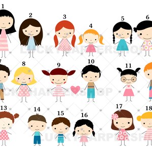 May include: A set of 18 stick figure illustrations of children, each with a unique hairstyle, clothing, and accessories. The illustrations are numbered 1 through 18.