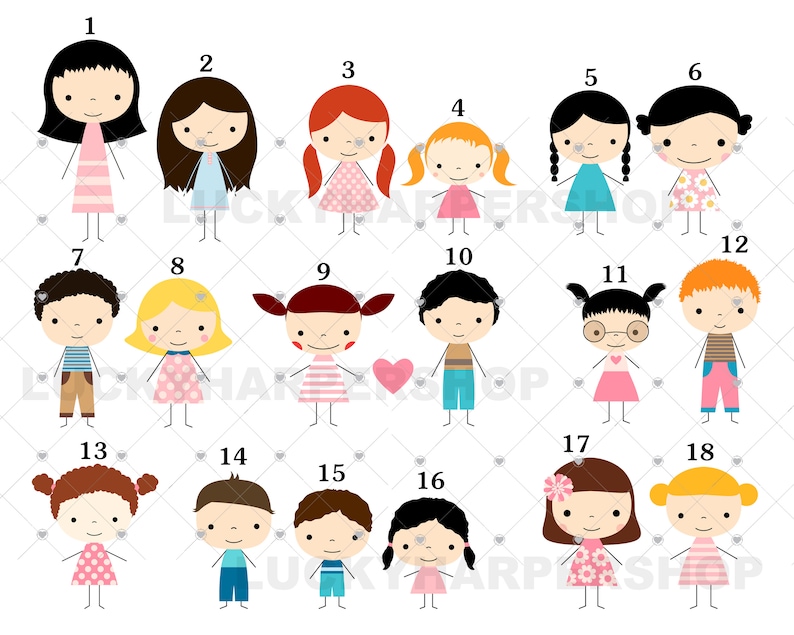 May include: A set of 18 stick figure illustrations of children, each with a unique hairstyle, clothing, and accessories. The illustrations are numbered 1 through 18.