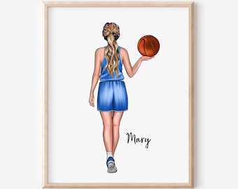 Retrato personalizado de una jugadora de baloncesto, retrato de una chica jugadora de baloncesto, regalo para jugadora de baloncesto, regalo de baloncesto, lámina de una mujer jugadora de baloncesto
