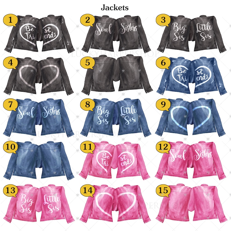 K&ouml;nnte beinhalten: F&uuml;nfzehn Paare Jeansjacken mit verschiedenen Designs und Texten. Die Jacken sind in verschiedenen Farben, darunter Blau, Schwarz, Pink und Wei&szlig;. Der Text auf den Jacken lautet "Soul Sisters", "Best Friends", "Big Sis" und "Little Sis".