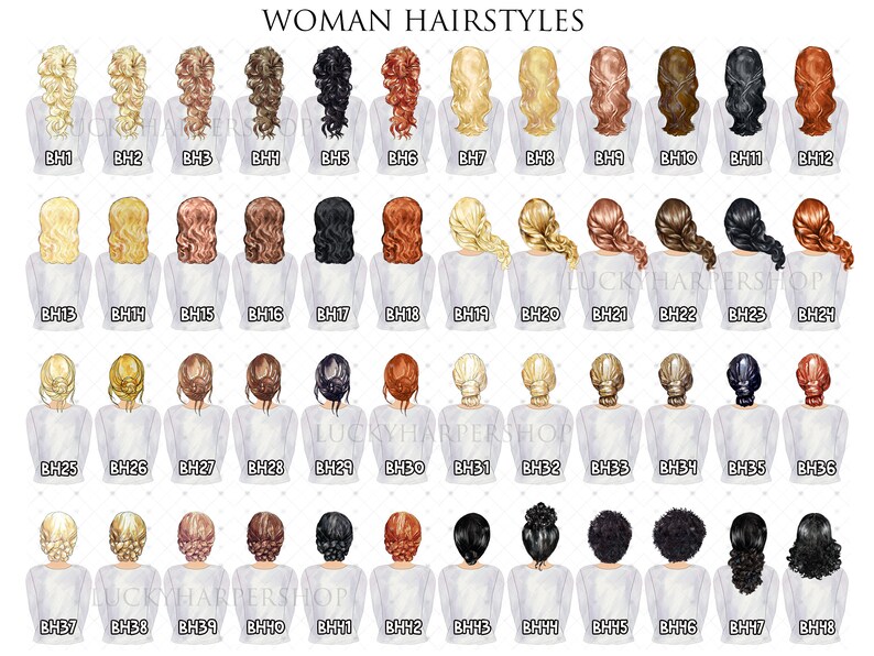 Pode incluir: Um gr&aacute;fico de 48 penteados diferentes para mulheres, cada um com uma cor e estilo de cabelo diferente. Os penteados s&atilde;o numerados de BH1 a BH48.