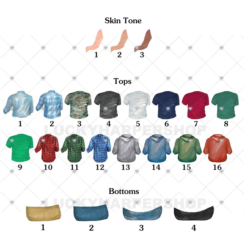 Puede incluir: Una ilustraci&oacute;n digital que presenta una selecci&oacute;n de tops, bottoms y tonos de piel. Los tops incluyen varias camisetas, camisas con botones y sudaderas con capucha en diferentes colores. Los bottoms incluyen pantalones cortos y jeans. La imagen tambi&eacute;n muestra tres opciones de tonos de piel.