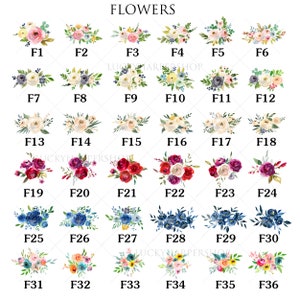 Pode incluir: Uma cole&ccedil;&atilde;o de 36 buqu&ecirc;s de flores em aquarela, cada um com um arranjo &uacute;nico de cores e flores. Os buqu&ecirc;s s&atilde;o etiquetados com os n&uacute;meros F1 a F36.