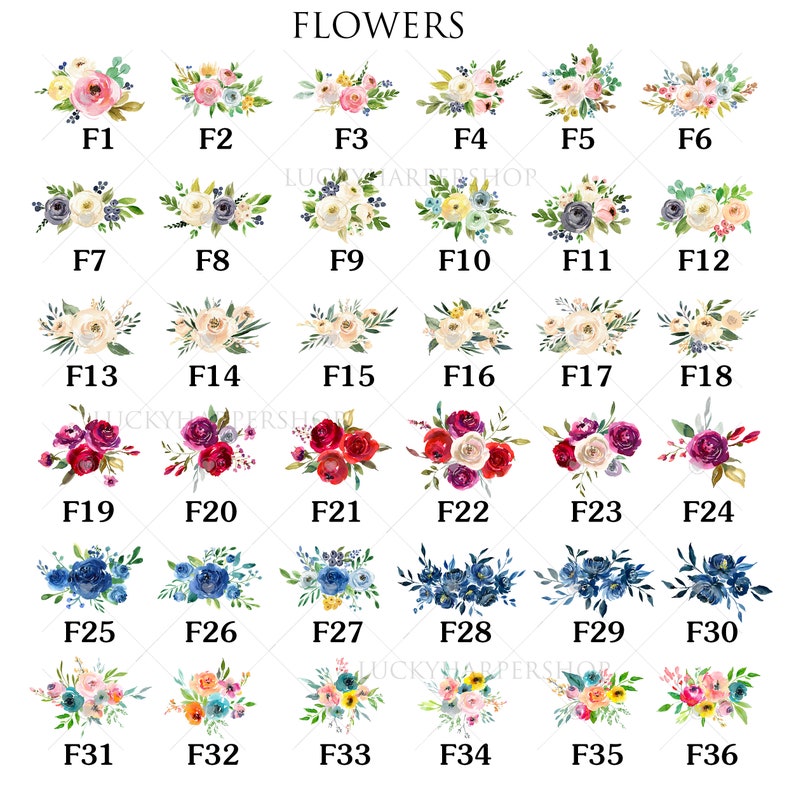Pode incluir: Uma cole&ccedil;&atilde;o de 36 buqu&ecirc;s de flores em aquarela, cada um com um arranjo &uacute;nico de cores e flores. Os buqu&ecirc;s s&atilde;o etiquetados com os n&uacute;meros F1 a F36.