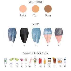 K&ouml;nnte beinhalten: Eine anpassbare Illustration einer Person mit Optionen f&uuml;r Hautton, Hose und Getr&auml;nk oder Friedenszeichen. Die Illustration umfasst 3 Hautt&ouml;ne, 5 Hosenstile und 13 Getr&auml;nk- oder Friedenszeichenoptionen.