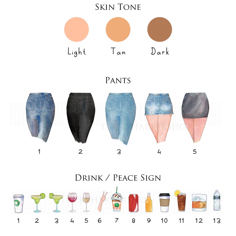 K&ouml;nnte beinhalten: Eine anpassbare Illustration einer Person mit Optionen f&uuml;r Hautton, Hose und Getr&auml;nk oder Friedenszeichen. Die Illustration umfasst 3 Hautt&ouml;ne, 5 Hosenstile und 13 Getr&auml;nk- oder Friedenszeichenoptionen.