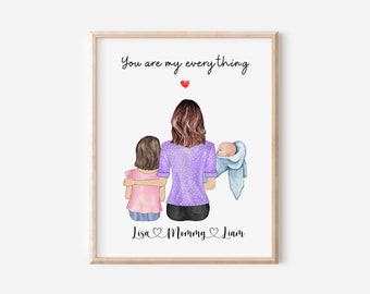 Personalized Mom and Children Portrait Print, Mom Baby, Toddler Portrait Print, Custom Mom Children Portrait, Mothers Day Gift, Gift For Mom