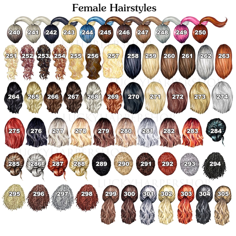 K&ouml;nnte beinhalten: Eine Tabelle mit 35 verschiedenen weiblichen Frisuren, nummeriert von 240 bis 305. Jede Frisur hat eine andere Farbe und einen anderen Stil, darunter glattes, lockiges, welliges und geflochtenes Haar.