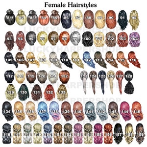 K&ouml;nnte beinhalten: Eine Tabelle mit 159 verschiedenen weiblichen Frisuren, jede illustriert mit einer Cartoon-Zeichnung eines Frauenkopfes von hinten, die eine Vielzahl von Frisuren, L&auml;ngen und Farben zeigt.