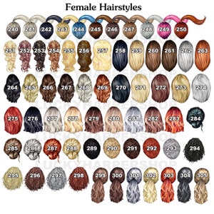 K&ouml;nnte beinhalten: Eine Tabelle mit 35 verschiedenen weiblichen Frisuren, nummeriert von 240 bis 305. Die Frisuren sind in verschiedenen Farben, L&auml;ngen und Stilen dargestellt.