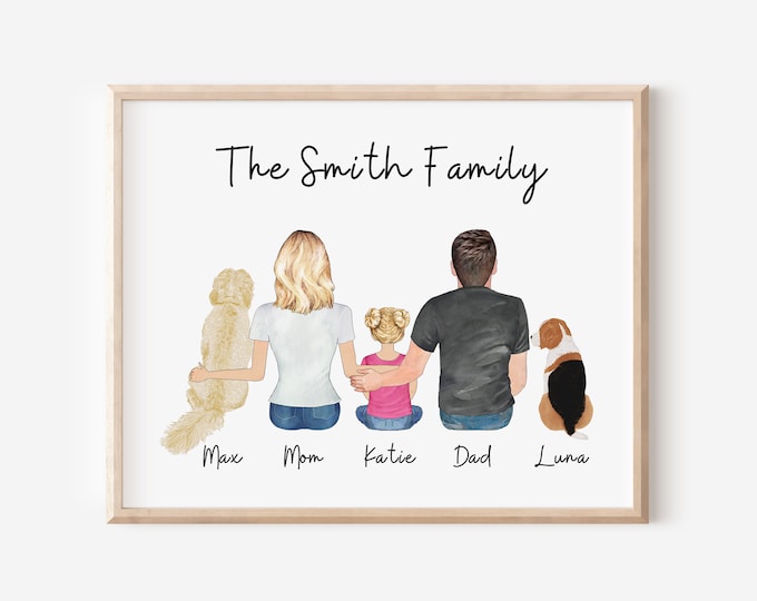 Portrait de famille personnalisé avec animaux de compagnie, art déco de famille personnalisé, cadeau pour une nouvelle maison, portrait de famille numérique personnalisé, art mural de famille