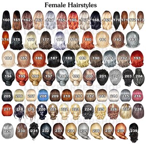 K&ouml;nnte beinhalten: Eine Tabelle mit 39 verschiedenen weiblichen Frisuren, nummeriert von 160 bis 239. Die Frisuren sind im Aquarell-Stil illustriert und von hinten dargestellt.