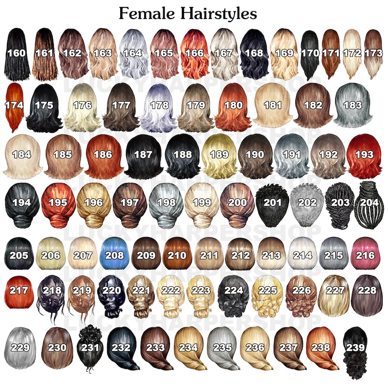 K&ouml;nnte beinhalten: Eine Tabelle mit 39 verschiedenen weiblichen Frisuren, nummeriert von 160 bis 239. Die Frisuren sind im Aquarell-Stil illustriert und von hinten dargestellt.