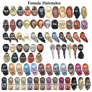 K&ouml;nnte beinhalten: Ein Diagramm mit 159 verschiedenen weiblichen Frisuren, illustriert mit Zeichentrickzeichnungen von Frauenk&ouml;pfen mit verschiedenen Frisuren. Die Frisuren sind von 81 bis 159 nummeriert.