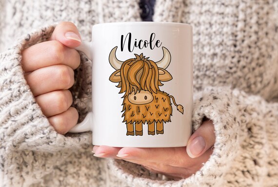 Scottish Highland Cow Mug, Personalized Cow Mug, Farm Animal Mug, Cow Lovers Gift, Highland Cow Gift, Cow Gifts, Higland Lover Gift
