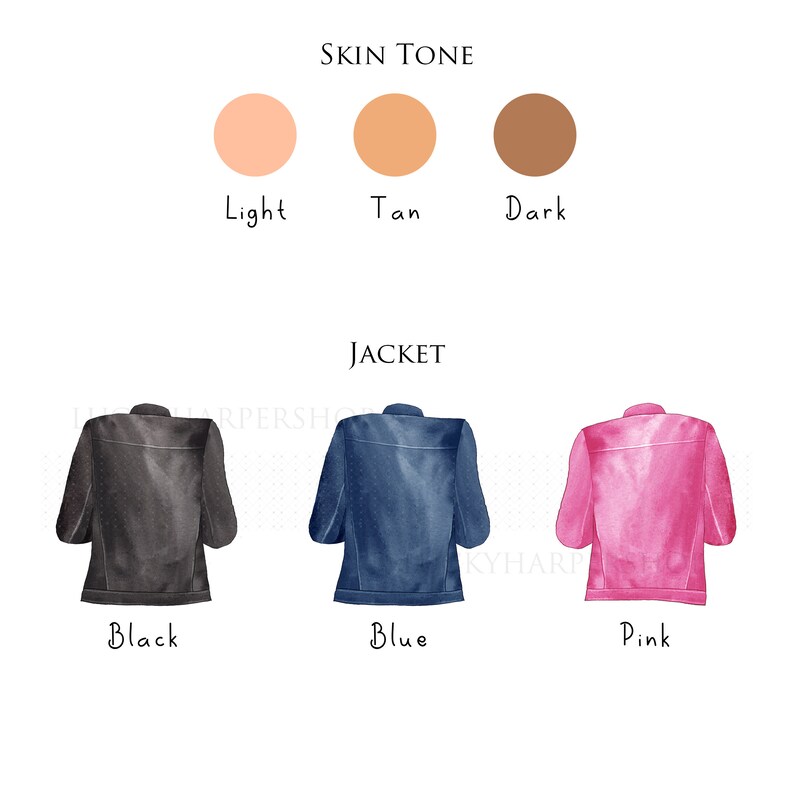 May include: Three color swatches for skin tone: light, tan, and dark. Three jacket options: black, blue, and pink.