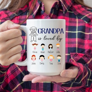 May include: White ceramic mug with a black and white illustration of a person with the text "This Grandpa is loved by" and a list of names below the illustration. The names are Olivia, Grant, Harper, John, Julia, Emily, Tina, and Zoe.