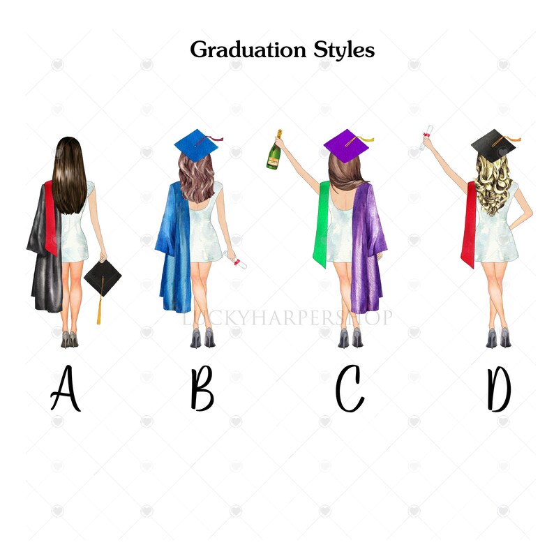 K&ouml;nnte beinhalten: Vier verschiedene Arten von Abschlusskappen und -gew&auml;ndern f&uuml;r eine Abschluss-Illustration. Die Stile sind mit A, B, C und D gekennzeichnet. Jeder Stil hat eine andere Farbe f&uuml;r Gewand und Kappe.