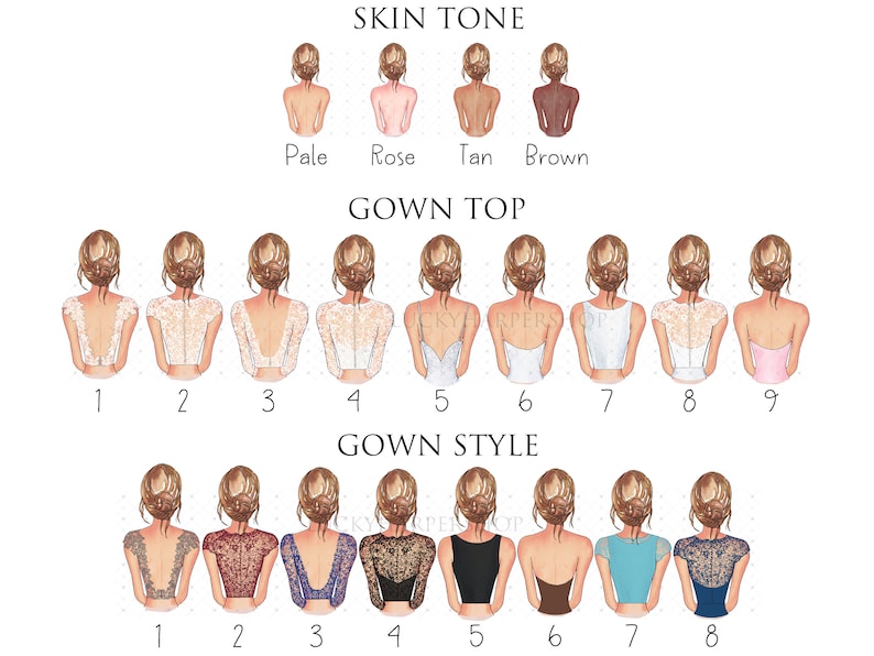 Pode incluir: Um gr&aacute;fico com nove tons de pele diferentes e dezoito tops e estilos de vestidos diferentes. O gr&aacute;fico &eacute; rotulado como "Tom de pele", "Parte superior do vestido" e "Estilo do vestido".