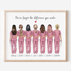 May include: A framed print featuring seven figures in pink scrubs, each with a different hairstyle, standing arm-in-arm. The text "Never forget the difference you make" is above them, with a red heart. Names are listed below.