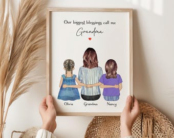 Personalized Grandma and Grandchildren Portrait Print, Gift for Nana, Grandma Grandkids Wall Art, Grandmother Gift, Mother's Day Gift
