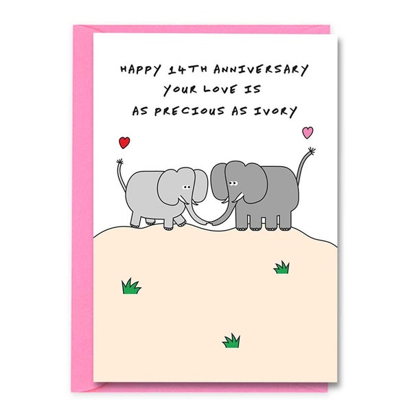 14th Anniversary Card, Ivory Wedding Anniversary Card For Wife, Husband, 14 Anniversary Card, Love Precious As Ivory, Elephants Couple
