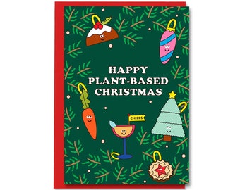 Happy Plant Based Christmas, Fun Cute Baubles Vegan Christmas Card