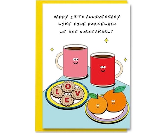 18th Anniversary Card, Porcelain Anniversary Card, Funny 18 Year Eighteenth Happy Wedding Anniversary Card For Wife, Husband, Couple