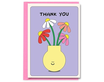 Cute Smiley Flower Vase Thank You Card, Sweet Floral Thank You Card Pack