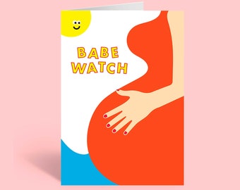 Pregnancy Card Congratulations, Babe Watch! Cute Funny Baby Bump Card For Pregnant Wife, Friend, Daughter, Baby Shower Card