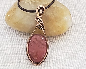 Rhodochrosite Oval Wire Wrapped Pendant Necklace, Reiki Infused Jewelry, Stress Relief, Anti-Depression, 7th Anniversary Gift For Wife