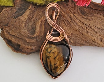 Tiger Eye Wire Wrapped Heart Pendant Necklace, Reiki Infused Jewelry, Anti-Anxiety, 7th Anniversary Gift For Wife, Healing Stone Jewelry