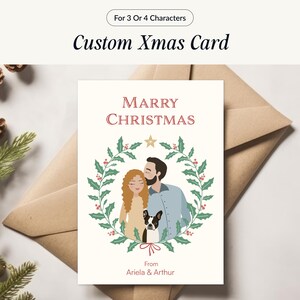 Personalisierte Weihnachtskarte, 3 oder 4 Zeichen, Digitale Weihnachtskarte mit Familienportrait, Weihnachtsillustration Weihnachtsgeschenk personalisierter Urlaub