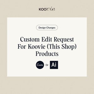 May include: Text on a white background that reads "Koovie" in a black font. Below the text is a white button with the text "Design Changes" in black font. Below the button is the text "Custom Edit Request For Koovie (This Shop) Products" in black font. Below the text are two logos: Canva and Adobe Illustrator. The text "Or" is between the two logos.