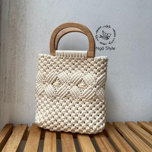 Macrame Bag with Wooden Handles, Handmade Bag, Macrame Purse, Macrame Liner Bag, CrossBody Bag