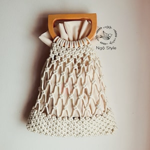 MACRAME BAG with wooden handle and hand Knotted in White Cotton Cord