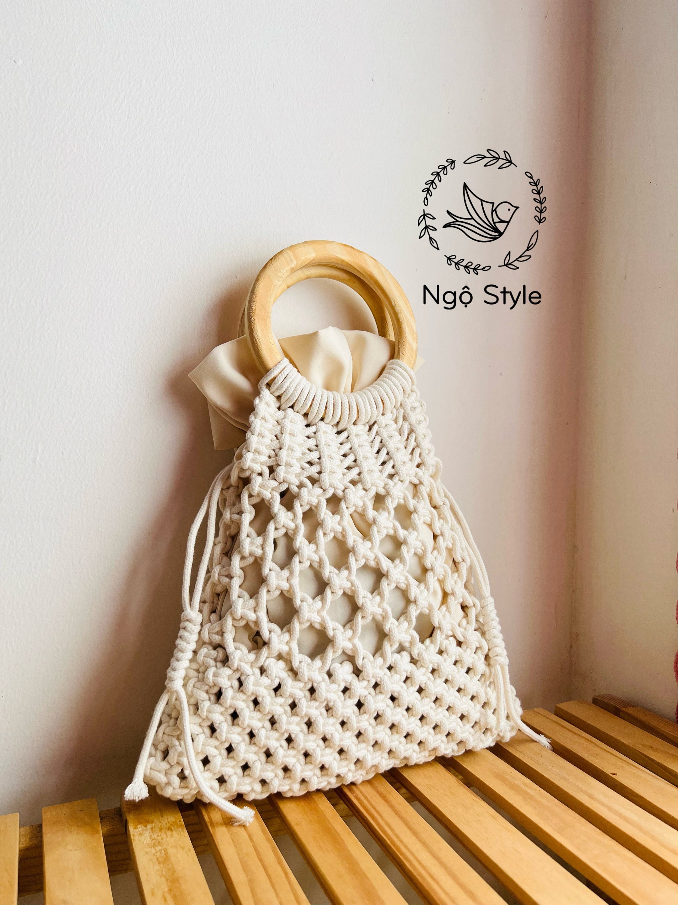 Handmade Macrame Bag With Wooden Handles, Cotton Cord Top  display picture 3