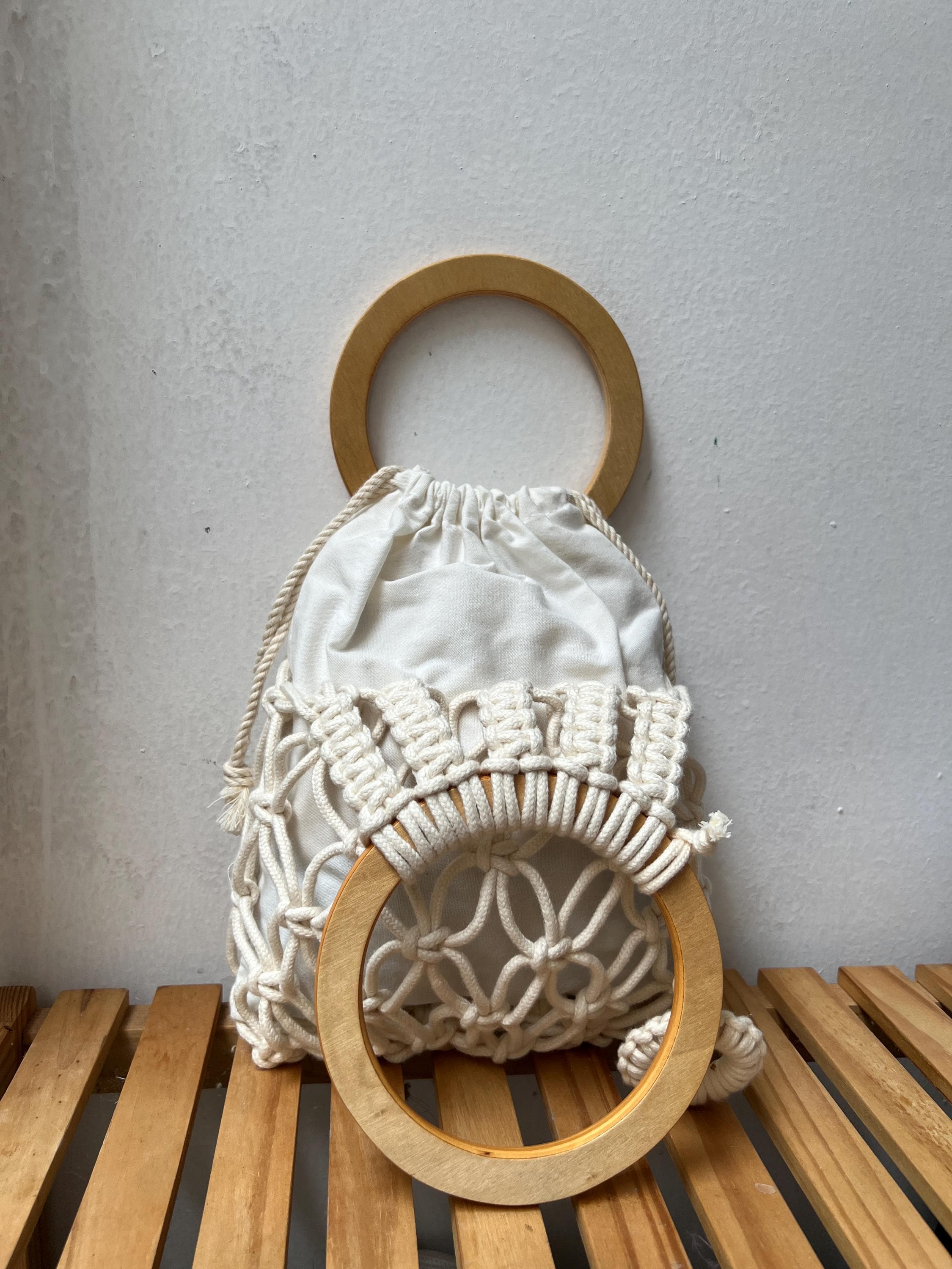 Handmade Macrame Bag With Circle Wooden Handles: Boho Top Handbag 