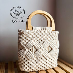 MACRAME BAG with Wooden Handles for Women or Girls, Macrame Top Handle bag is hand knotted in cotton cord