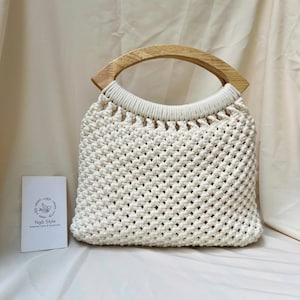 MACRAME BAG, Macrame clutch, Macrame Top Handle Bag, Macrame Bag with Wooden handles, Drawstring cotton liner, Boho inspired fashion