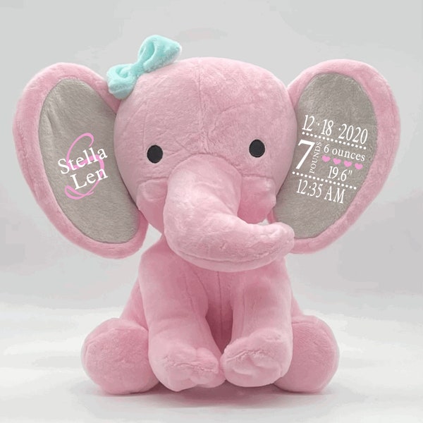Baby's Birth Stats Pink Elephant Plush , Personalized Stuffed Animal, , Baby Gift, Baby Birth Stats, Baby Announcement