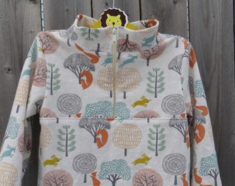 Soft stretchy 1/4 zipper jacket with forest animals print