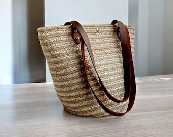 French jute basket bag with leather strap, natural jute shoulder bag, summer tote, boho market purse, beach handbag, woven shopper