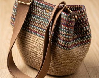 Bunte Ethno-Schultertasche, Boho-Umhängetasche, handgefertigte Jute-Tasche, verstellbarer Riemen, Sommertasche, bunte Boho-Geldbörse